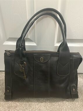 Fossil Dark Brown Leather Satchel Shoulder Bag Key Charm